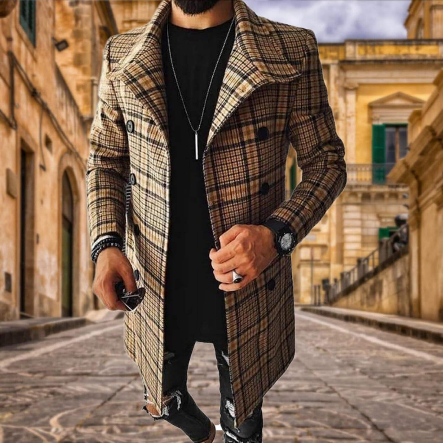 Men's Plaid Long Trench Coat Mid - Length Lapel Collar Button Down Warm Overcoat for Winter & Autumn Fashion - Image 2