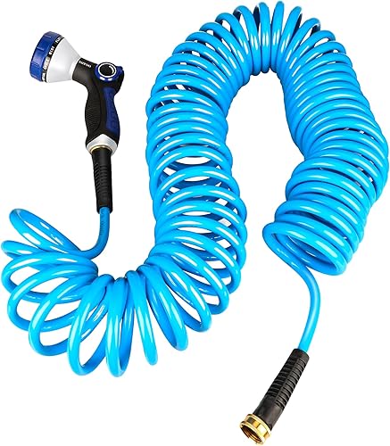 YOTOO Manguera de jardín con retroceso de poliuretano de 38 pulgadas x 33 pies, manguera de jardín resistente con boquilla rociadora, restrictor de