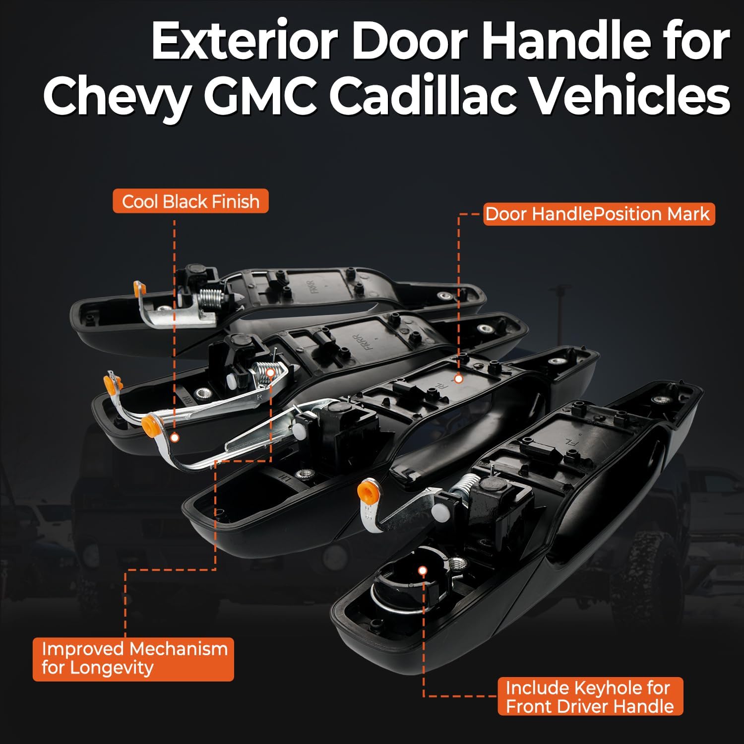 4 PCS Black Exterior Door Handle Front Rear Driver Passenger Compatible with 2007-2014 Chevy Silverado Suburban Avalanche Tahoe, GMC Sierra Yukon, Escalade Replaces 20828258, 22738721, 25960525