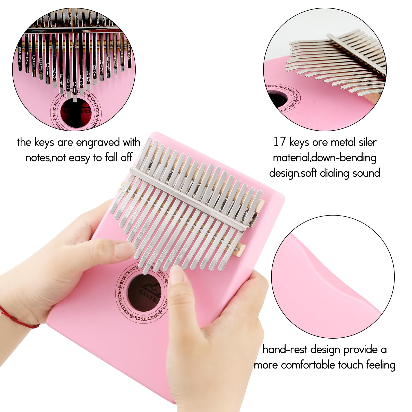 EASTROCK Kalimba 17-Keys Daumenklavier mit Lehrbuch Stimmhammer für Anfänger Kinder Erwachsene Rosa Mahagoni