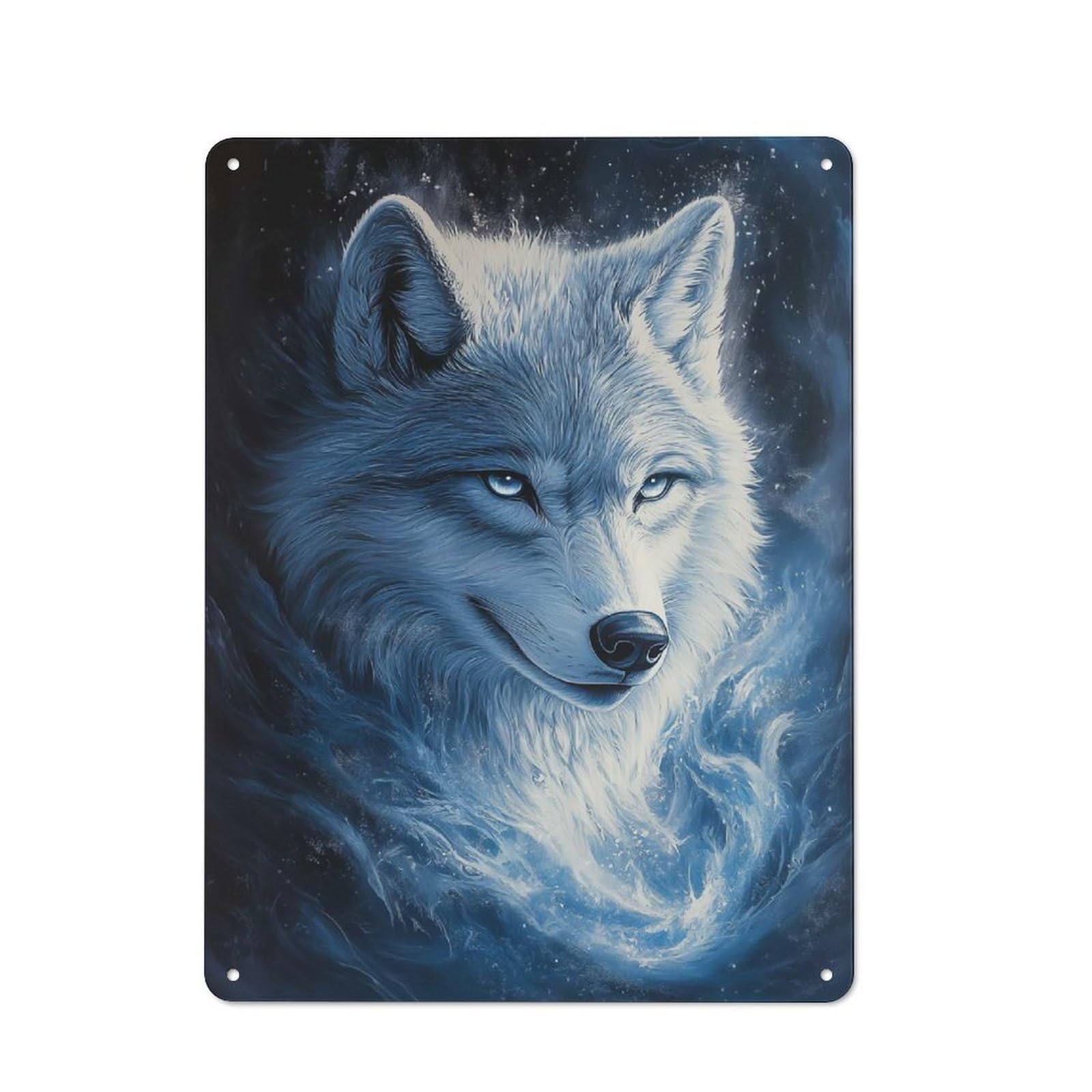 Junmoney Style-24 Garage Style White Wolf In Blue Flames Retro Metal Sign 40X30cm, Workshop Wall Decor For Tool Room, Garage, Studio Or Home Bar