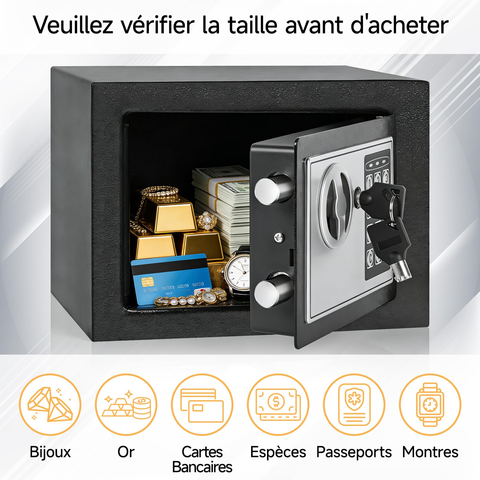 6,6L Coffre-Fort Électronique Cadenas Électronique à Combinaison et 2 Clés, Mot de Passe à 3-8 Chiffres, Coffre-fort en Acier pour Ranger Argent, Bijoux et Documents Importants, 23x17x17CM