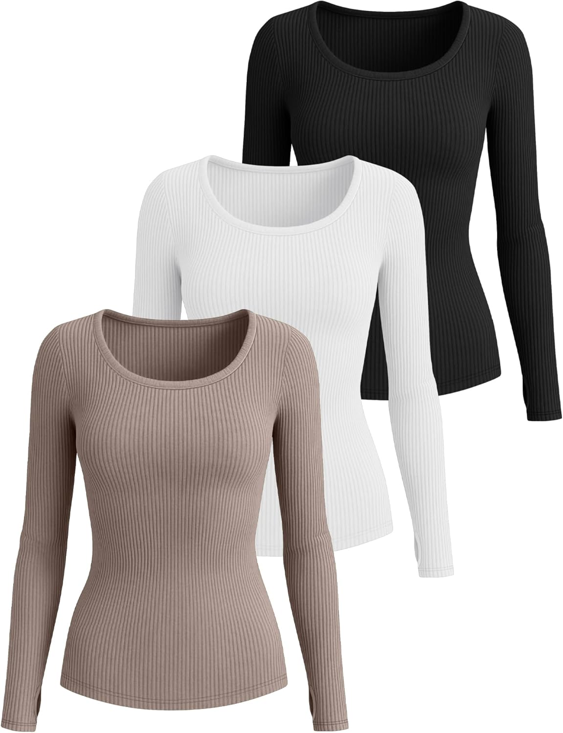 3 Pack Women's Ribbed Long Sleeve Tops Crew Neck Slim Fit Cotton Shirt Basic Casual Tee with Thumb Hole - Image 3