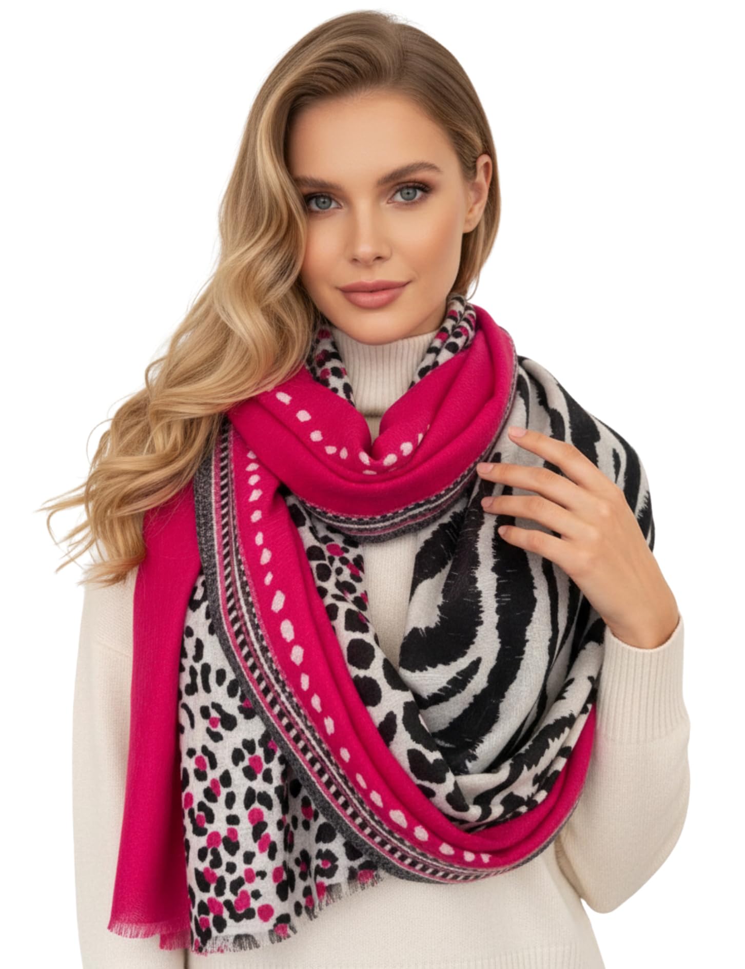 Women Animal Leopard Print Scarf - Ladies Scarves with Stripe, Leopard Print Gifts, Pashmina Shawl, Long Winter Wrap Wearable Blanket, Womens Neck Scarf Shawl Scarfs Animal (Tiger Leopard: Fuchsia)