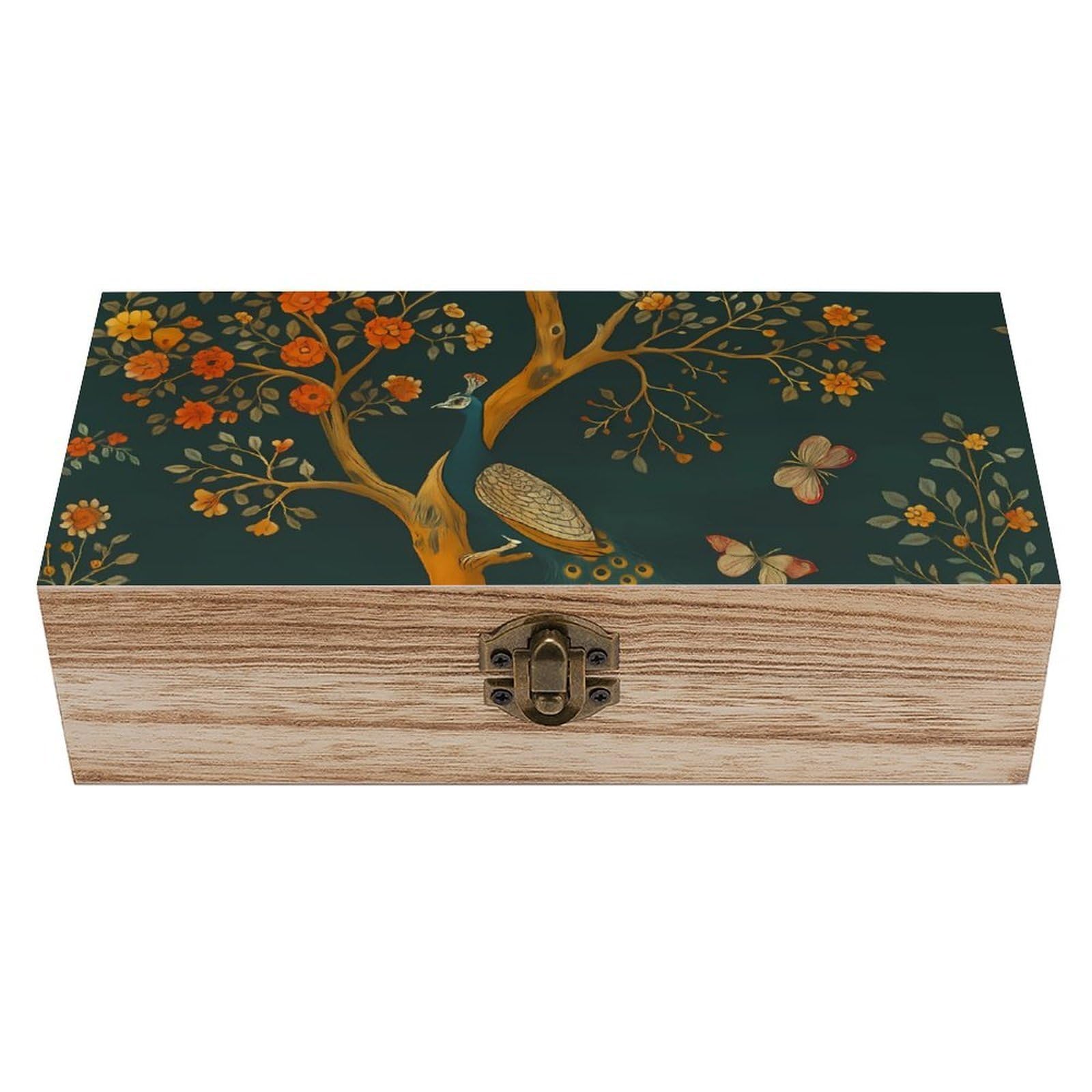 HLBSDM Graceful Peacock & Blooming Floral Retro Wooden Storage Box Jewelry Art Gift Boxs Decorative Keepsake Boxes