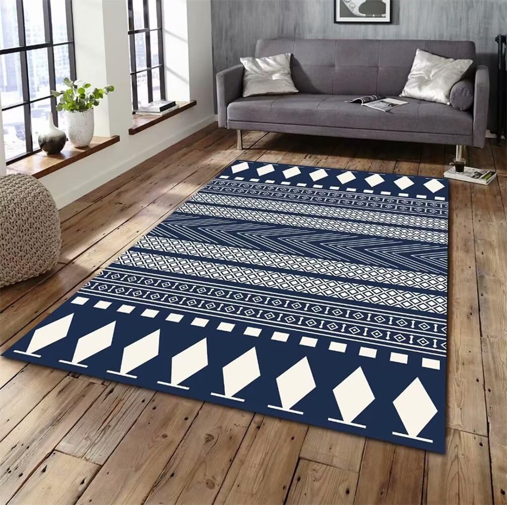 Tapis salon bleu 250x300cm au motif géométrique rétro