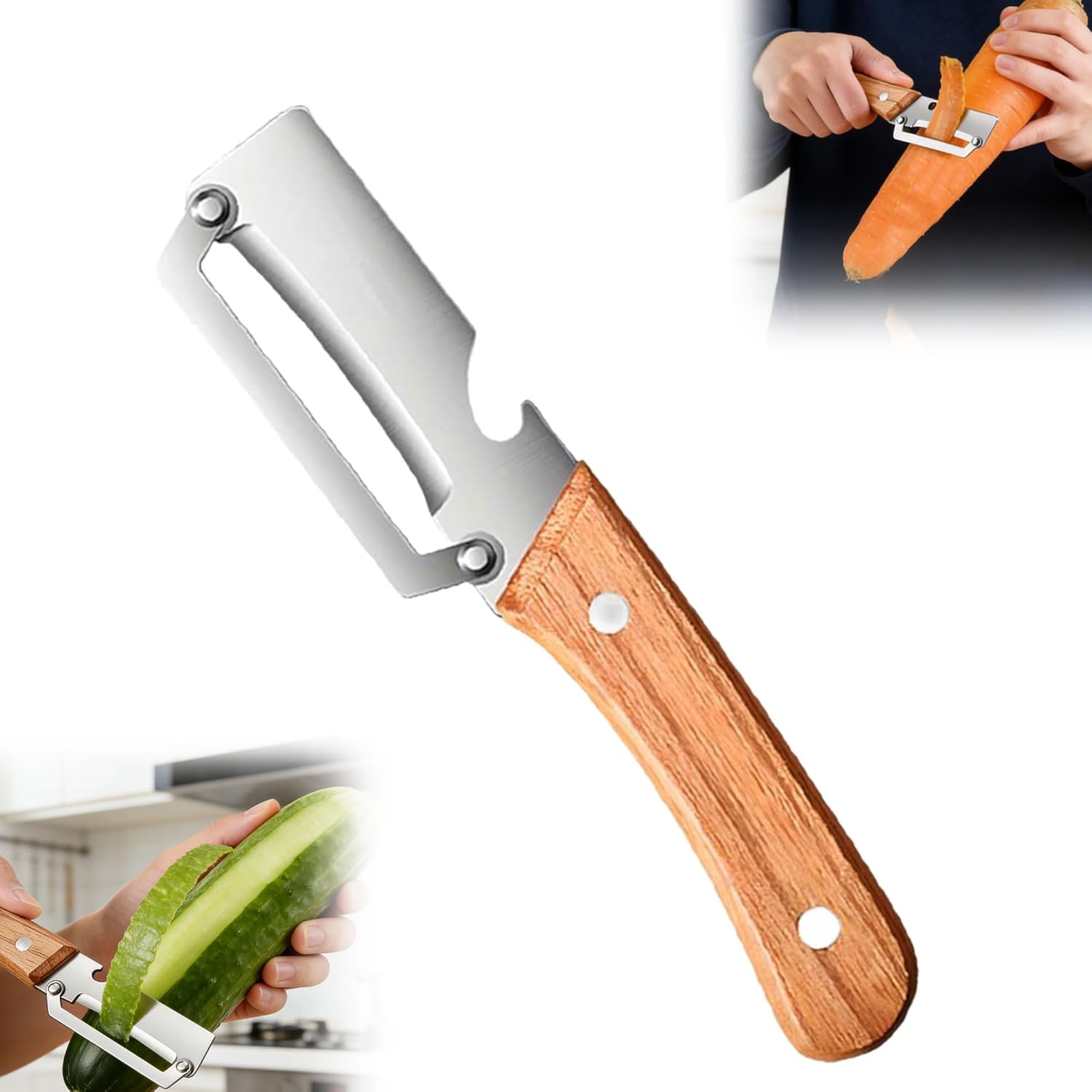 2026 New Multifunctional Vegetable Peeler for Kitchen, with Wooden Handle and Bottle Opener Ultra-Sharp Stainless Steel Blade for Fruit Apple Potato (1pcs)