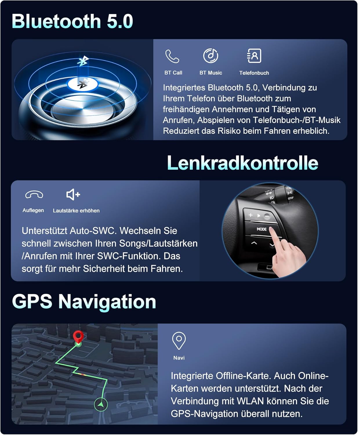 Diagram illustrating Bluetooth 5.0 features including BT Call, BT Music, and Phonebook.