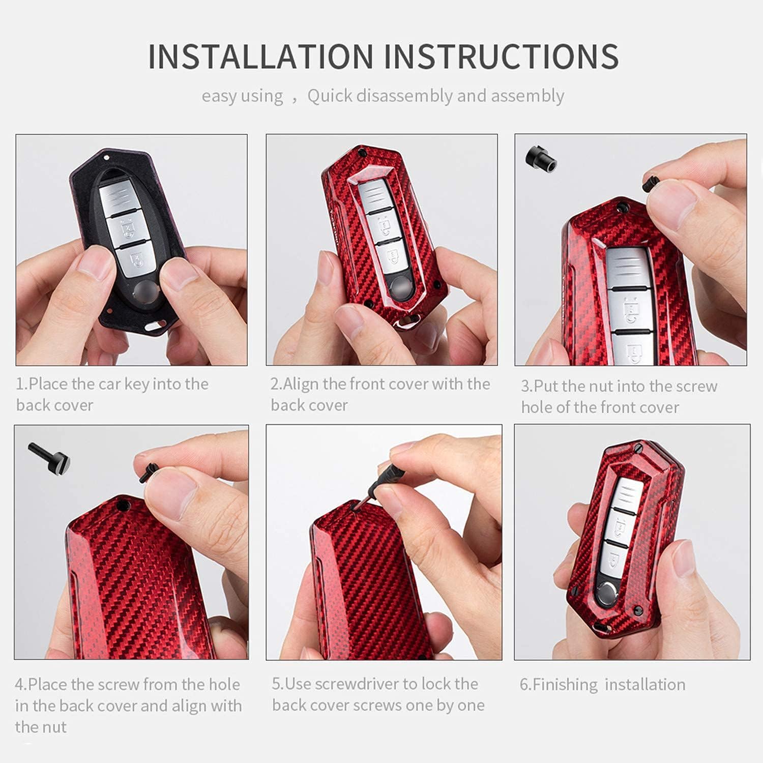 Car Key Fob Cover Case For Nissan 370Z Altima Armada Frontier GT-R Leaf Maxima Murano Pathfinder Rogue Sentra Titan Versa Carbon Fiber Heavy Duty Key Shell - Red + Braided Keychain