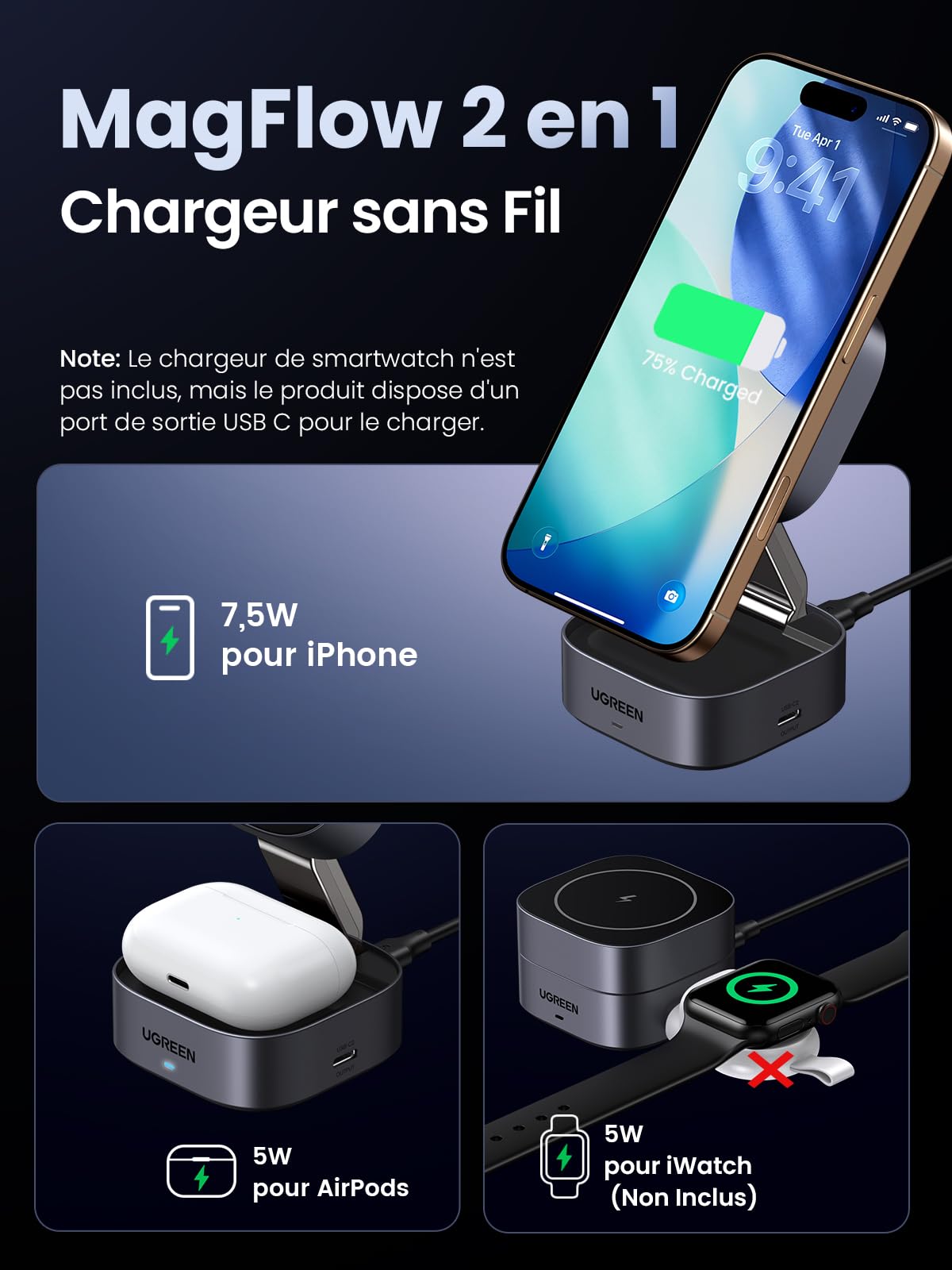 UGREEN Zapix Chargeur Induction iPhone 2 en 1 Qi Compatible avec MagSafe iPhone 17 16 15 14 13 12 Air Plus Pro Max AirPods 4 3 Pro 3 2 1 Chargeur sans Fil Magnétique Rapide Pliable Angle Réglable