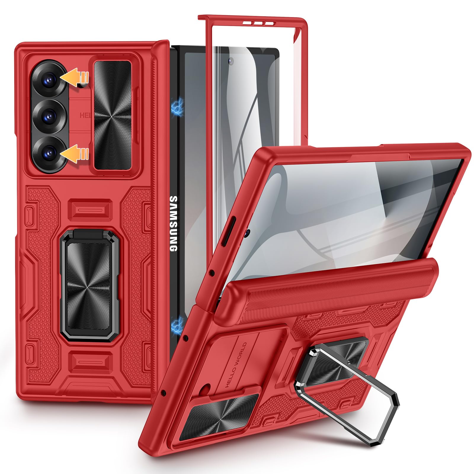 VEGO for Galaxy Fold 6 Case with Screen Protector & Slide Camera Cover & Hinge Protection, Built-in 360° Magnetic Ring Stand Case for Samsung Galaxy Z