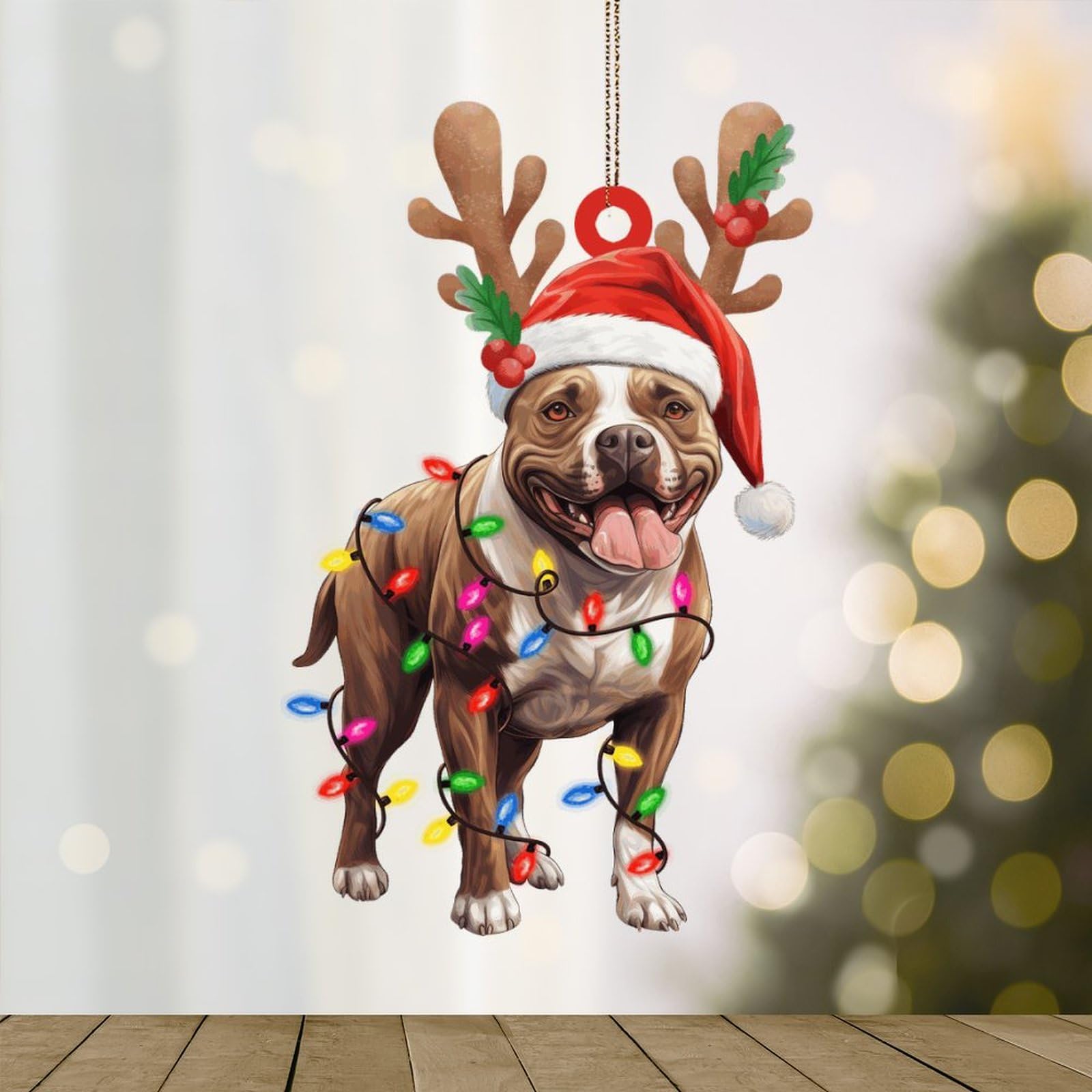 WoGuangis Staffordshire Bull Terrier Tree Ornaments Staffordshire Bull Terrier Dog Lanterns Christmas Antlers Acrylic Ornament Xmas Keepsake Gift for Dog Mom Christmas Decor Keepsake 3in