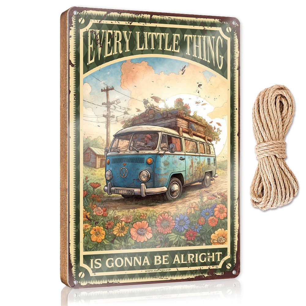 MAHQPZXSF Wood Pantry Signs For Kitchen Hippie Every Little Thing Is Gonna Be Alright Wooden Sign Desk Signs For Office Funny Hanging Plaque Sign(20X30CM)