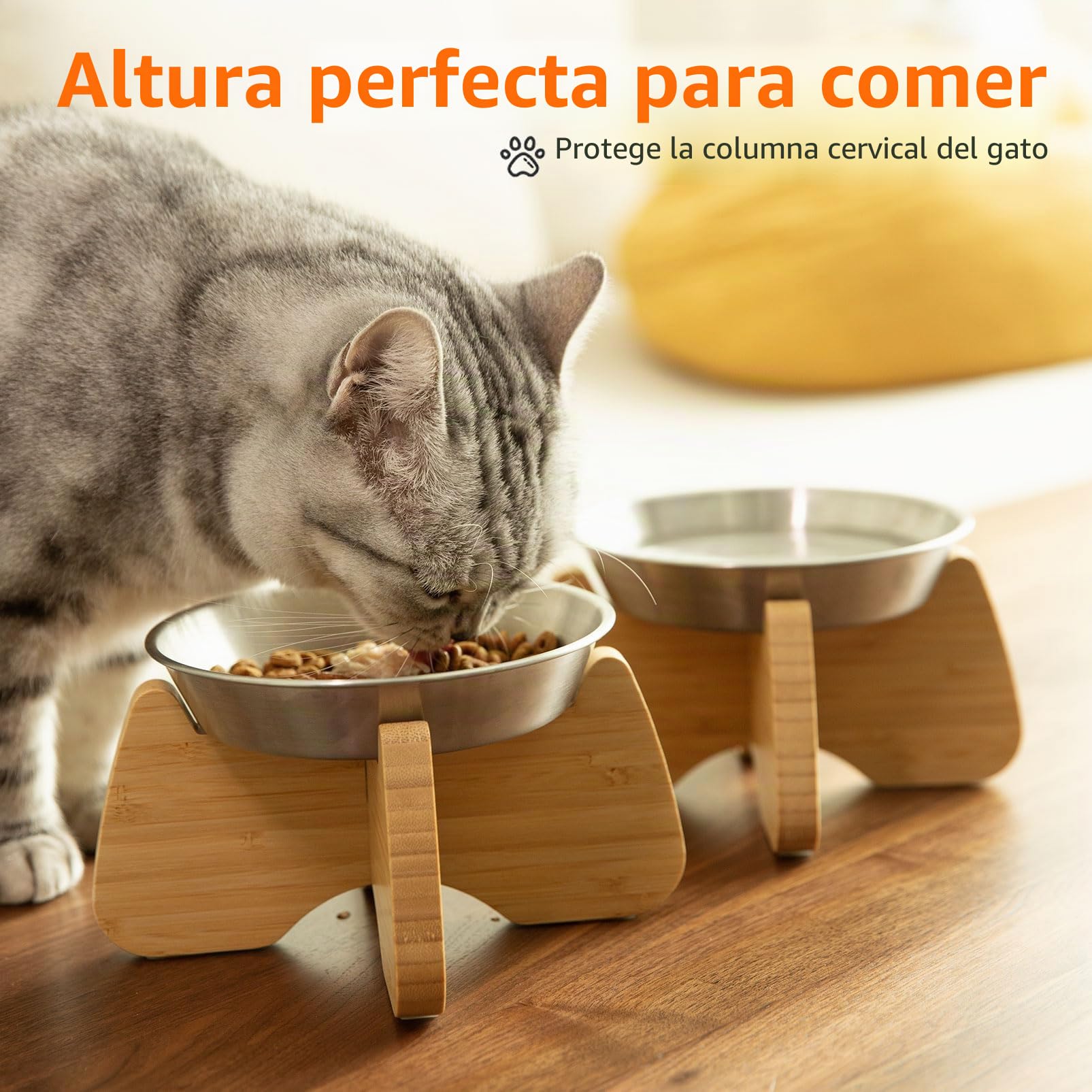 Comedero Gato Elevado Acero Inoxidable Soporte Bambú Madera Antideslizante,Platos Cuencos para Gatos Pequeño Plano Fatiga Bigote Perro para Cat Mascota Bowl Comida Agua Plateado (2 Piezas)