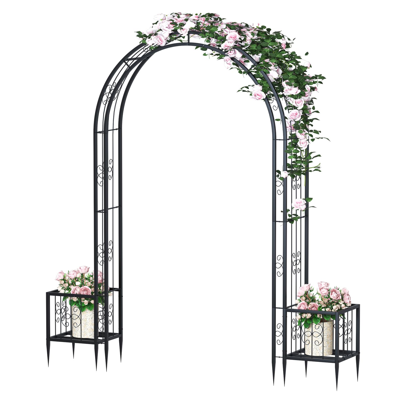 88in Steel Garden Arch Arbor Trellis with Planter Boxes for Climbing Plants Outdoor, Yard, Wide Sturdy Durable Garden Arch for Lawn,Outdoor Wedding Arch(Black)