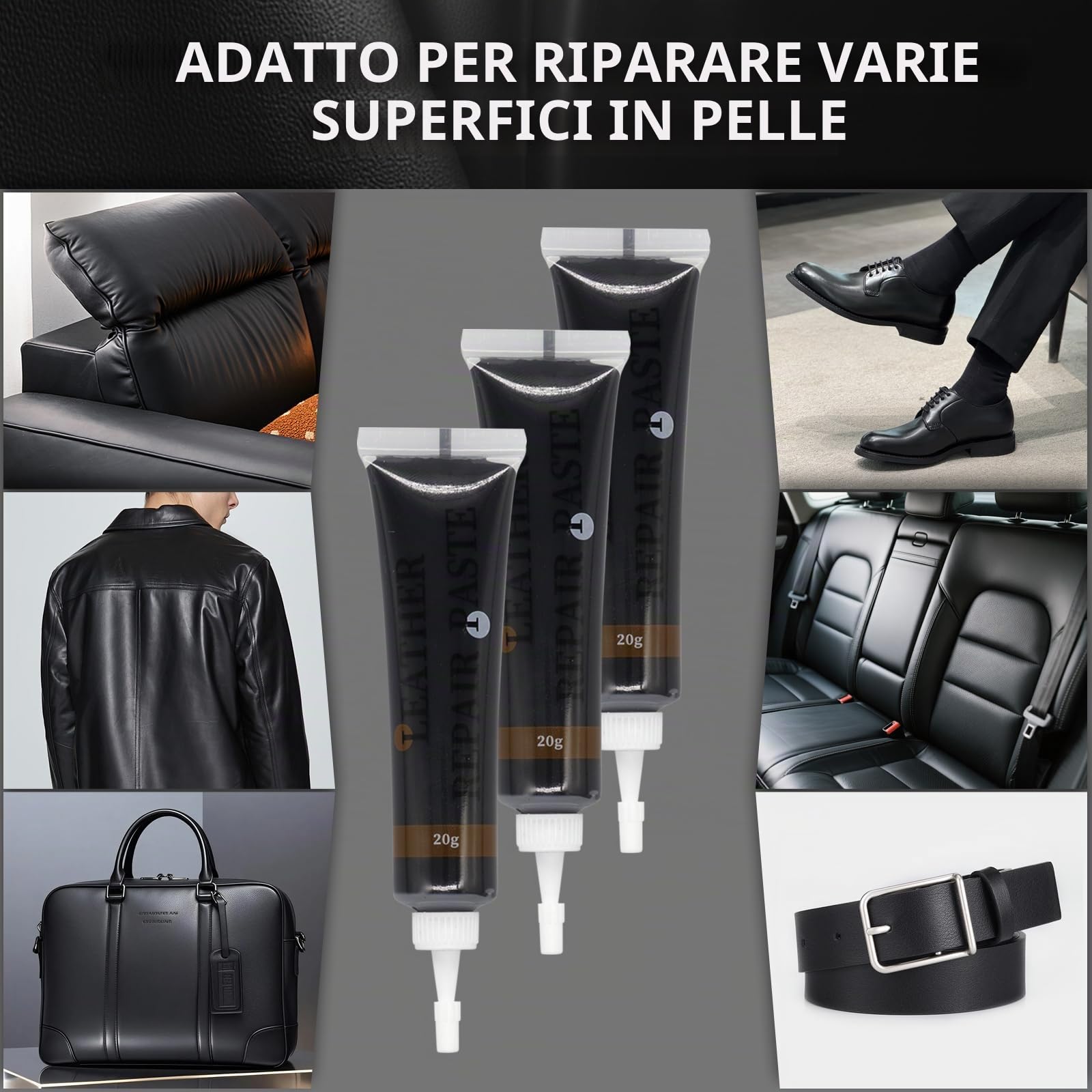 Kit Riparazione Pelle Nero 60g, Stucco per Pelle Nero, Ripara Ecopelle, per la Riparazione di Graffi, Scolorimenti e Fori su Divani in Pelle, Sedili Auto, Scarpe, Portafogli e Pelle Sintetica