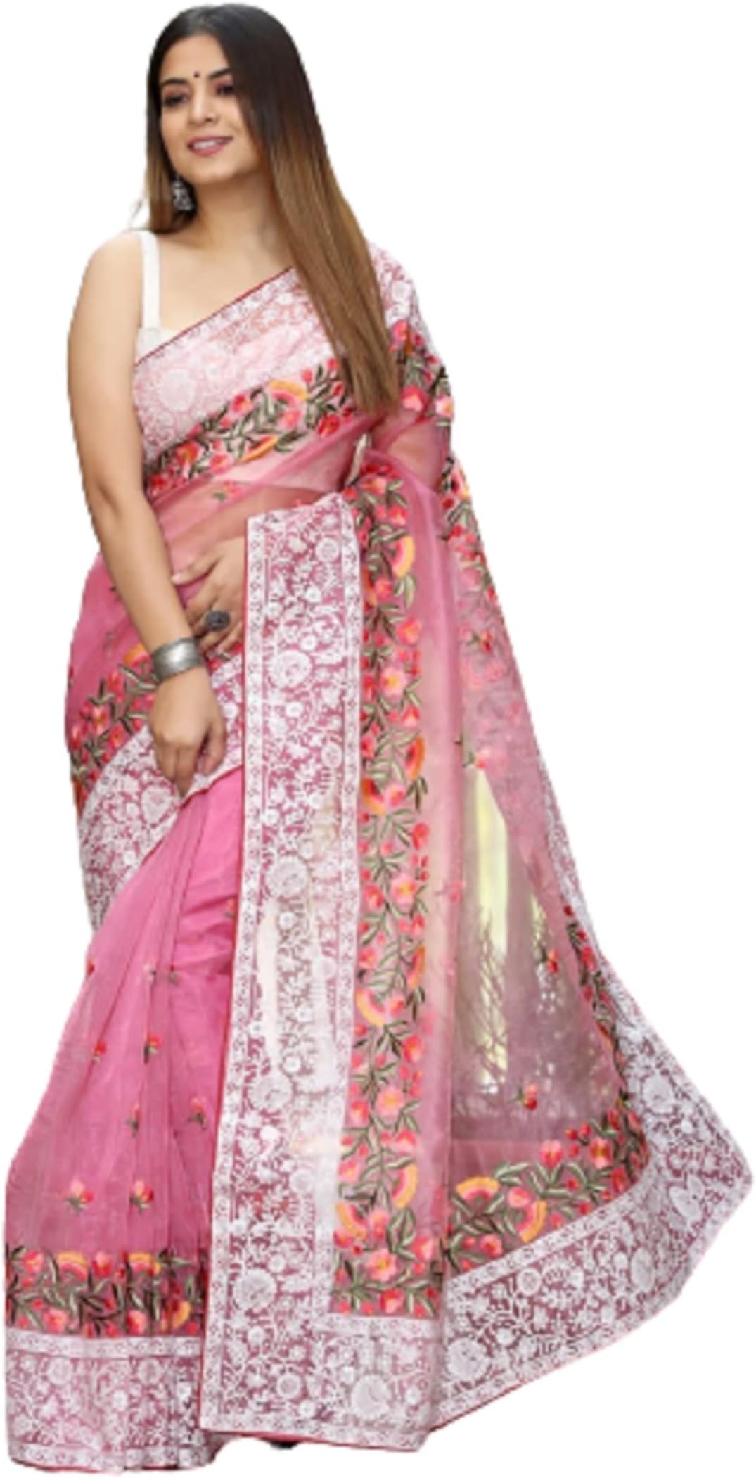 infabzonWomens Saree Soft organza silk pink color saree with Lakhnowi Thread And Multi Color Embroidery Saree