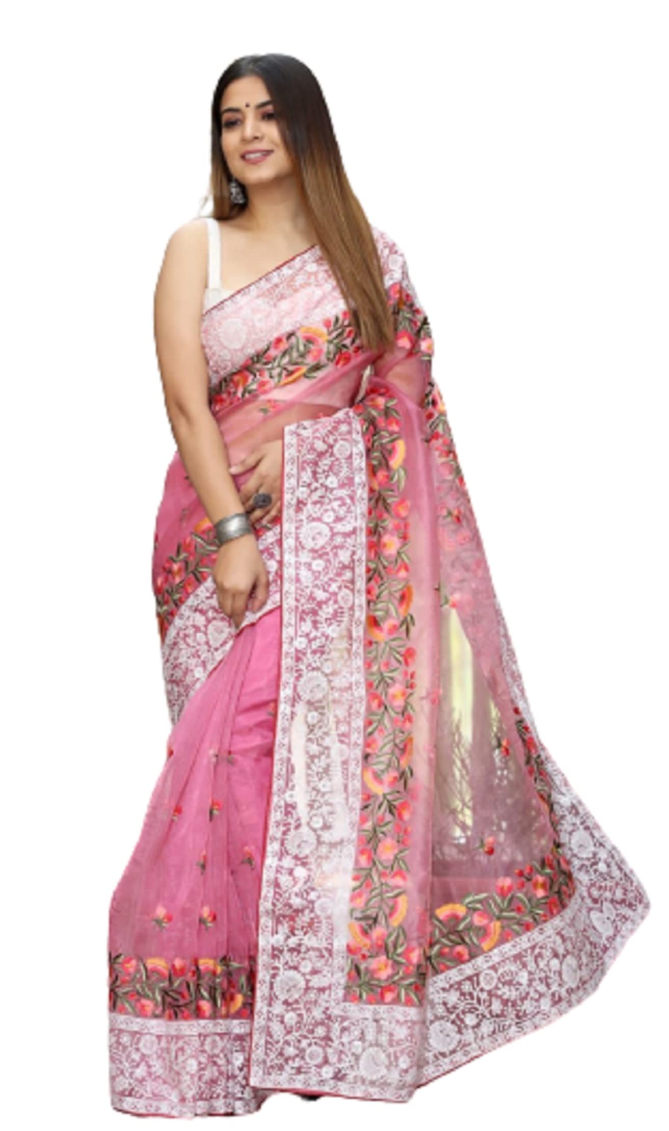 infabzonWomens Saree Soft organza silk pink color saree with Lakhnowi Thread And Multi Color Embroidery Saree