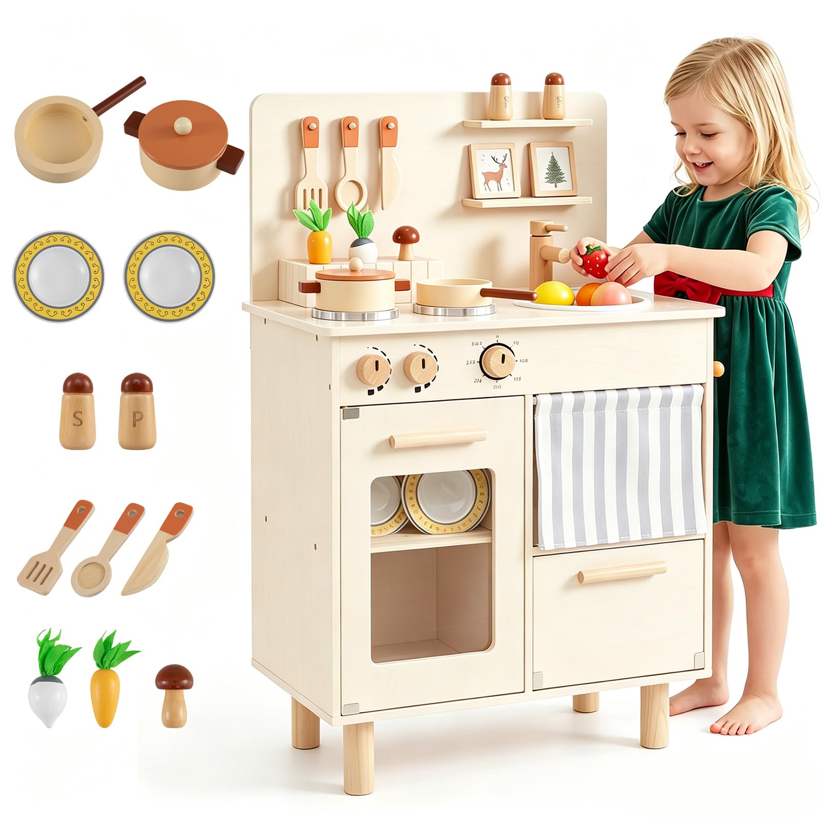 HOMASIS Cucina Giocattolo in Legno per Bambini con Accessori (Beige) | Set Gioco da Cucina con Fornello, Lavello, Rubinetto, Lavastoviglie, Cibo Finto, Cucinetta Giocattolo con Accessori, 3+ Anni