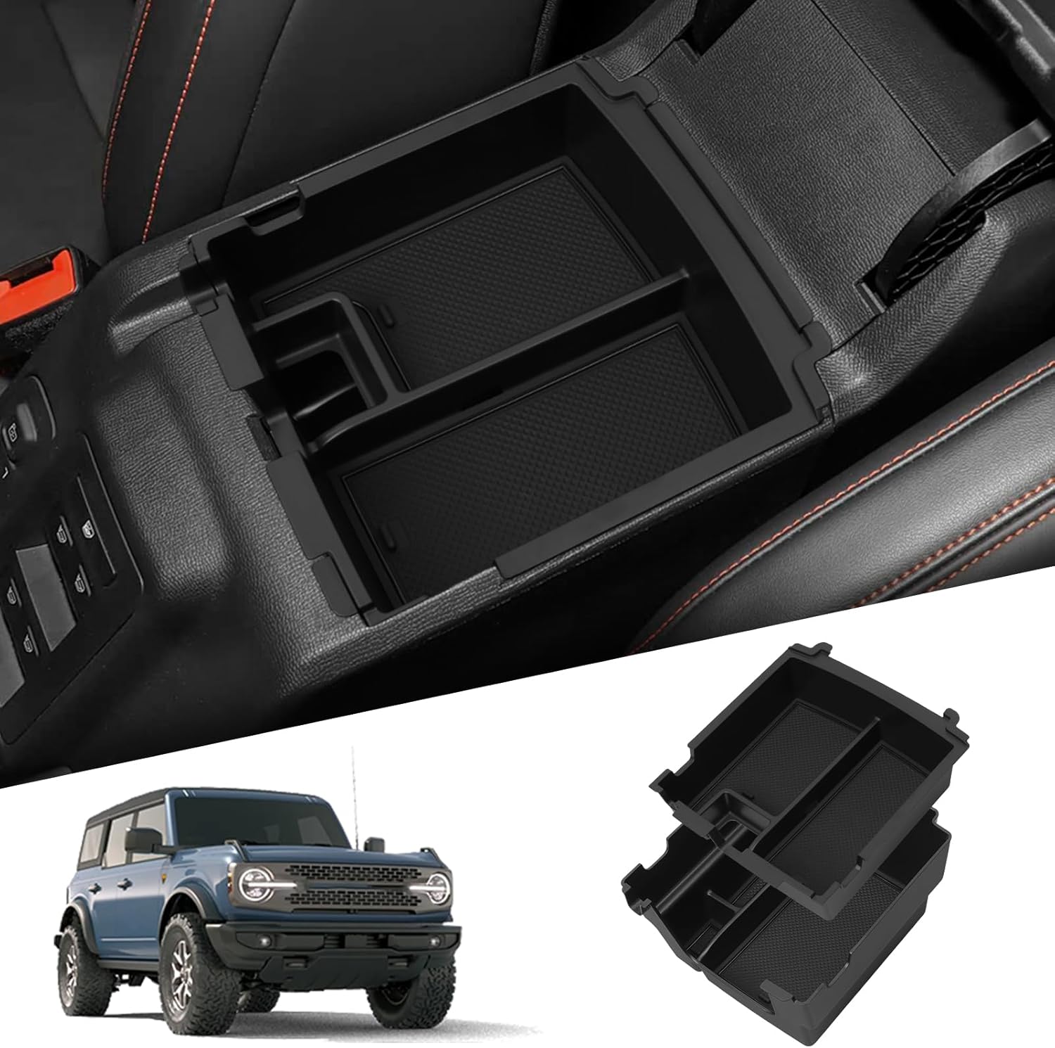 smabee 2PCS Center Console Organizer for Ford Bronco 4-Door 2025 2026 Full Size Ford Bronco Armrest Storage Box ABS Storage Tray Interior Accessories Black (Not for Bronco Sport Model)