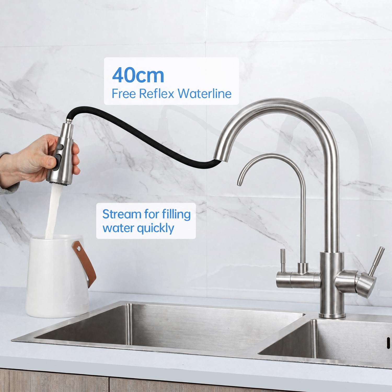 Rubinetto a Tre Vie, Rubinetto 3 Vie Cucina Girevole a 360° con Filtro Dell'acqua & Doccetta Estraibile, Doppio Manico, Acqua Fredda e Calda, Acciaio Inossidabile