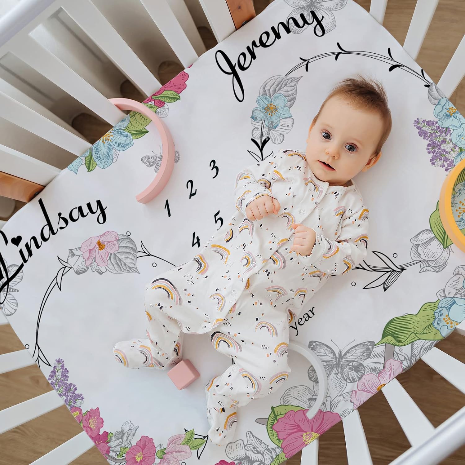 Artsadd Customized Twins Baby Blankets for Boys Girls, Personalized Flower Print Twins Monthly Milestone Blanket, Custom Name Swaddle Blanket for Newborn, for New Dad Mom Grandparents 40"x50"