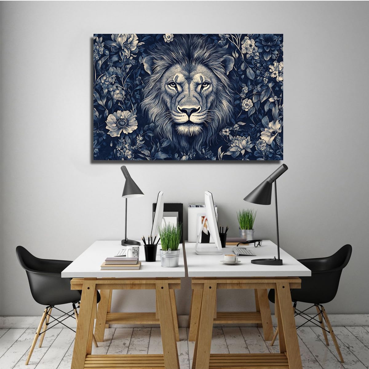 Gran arte mural León en lienzo Decoración animal botánica salón 65x100cm