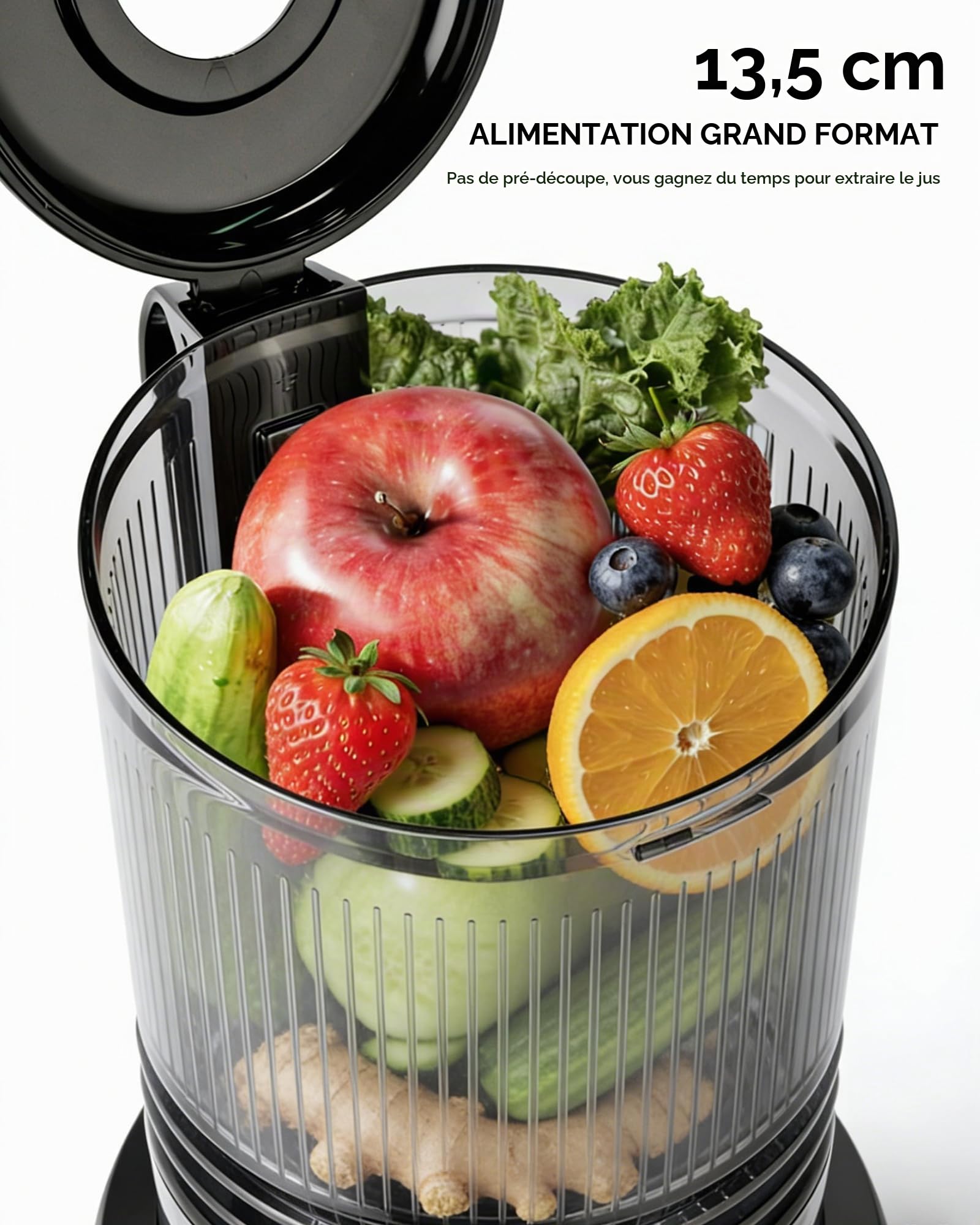 SUSTEAS Presse-agrumes à froid, goulotte d'alimentation de 13,5 cm (capacité de 1417,5 g), extracteur de jus à mastication lente de 300 W pour fruits et légumes entiers, alimentation automatique