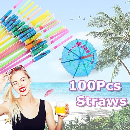 Miniatura 2 de 100 popotes para beber paraguas, pajitas de plástico para fiestas, popotes tropicales hawaianos flexibles, flexibles, para cóctel, playa, Luau, bar,