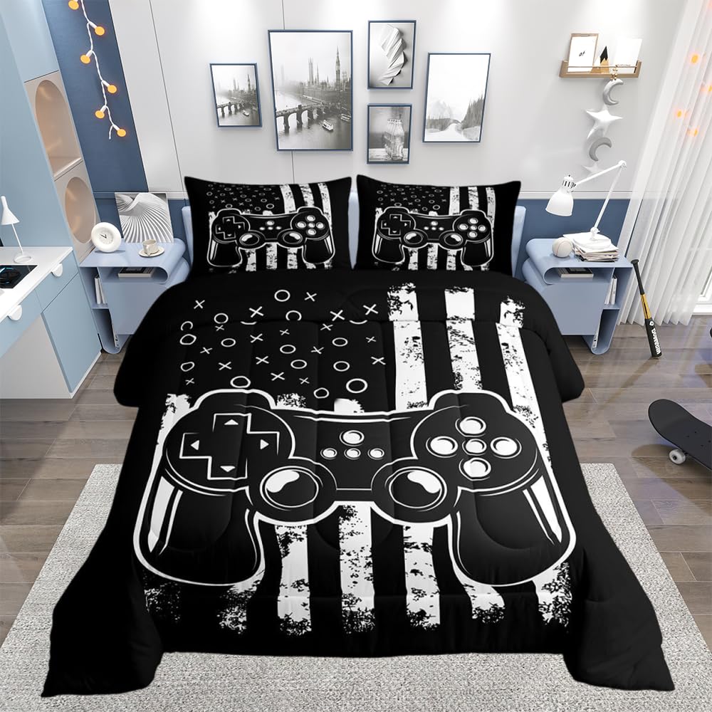 Loussiesd Gamer Bedding Set Gaming Down Duvet for Kids Boys Girls Teens Video Game Gamepad stripes Breathable Black and White Game Controller Piano keys Down Comforter Double Size — image 1