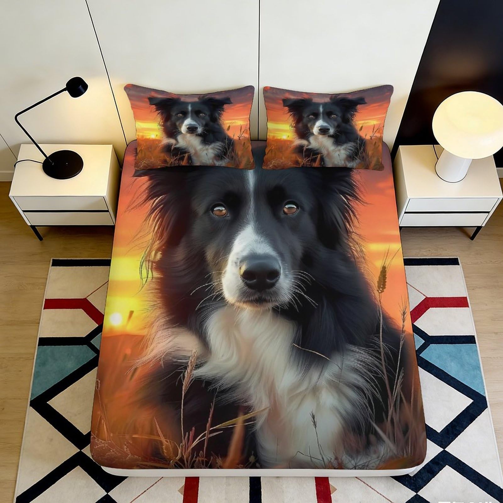 3D Printed Border Collie Fitted Sheet Microfiber Soft Durable Dog Pattern Bed Cover for Bedroom Guest Room Mattress Protection Easy Care 90x200x25cm