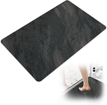Stone Drying Mat Bathroom, 40x60cm Diatomite Stone Bath Mat Quick Dry, Marble Pattern Non-Slip for Bathroom Kitchen Living Room Black