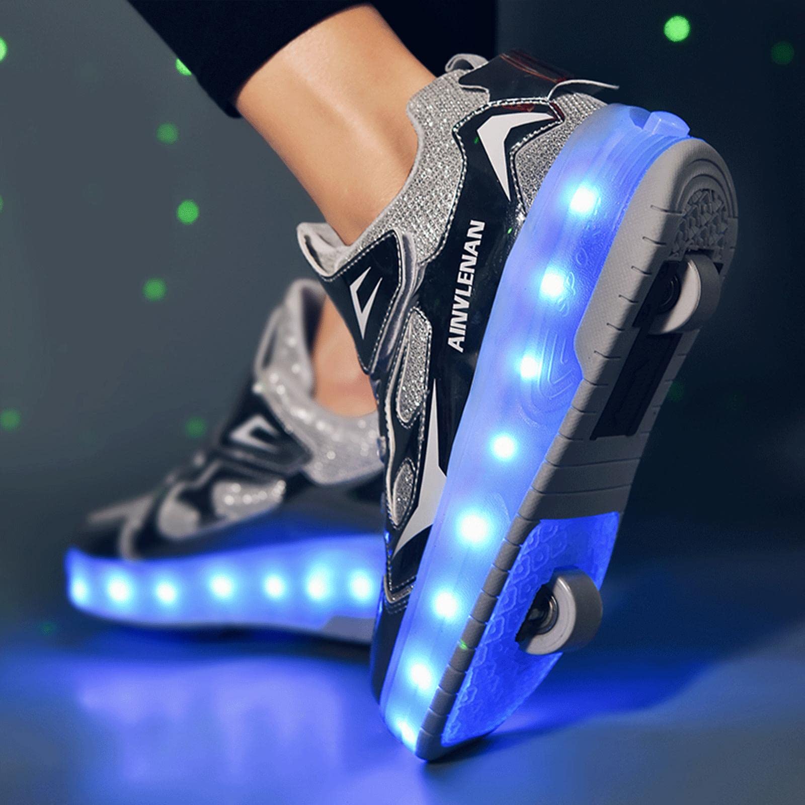 TECDOTO Zapatos de Patines Rueda Doble para Niños y Niñas Monopatín Niños Carga USB LED Intermitente Zapatos de Skate Zapatillas de Skate con Ruedas Rectas Zapatillas Skate Técnicas,Silver-30EU