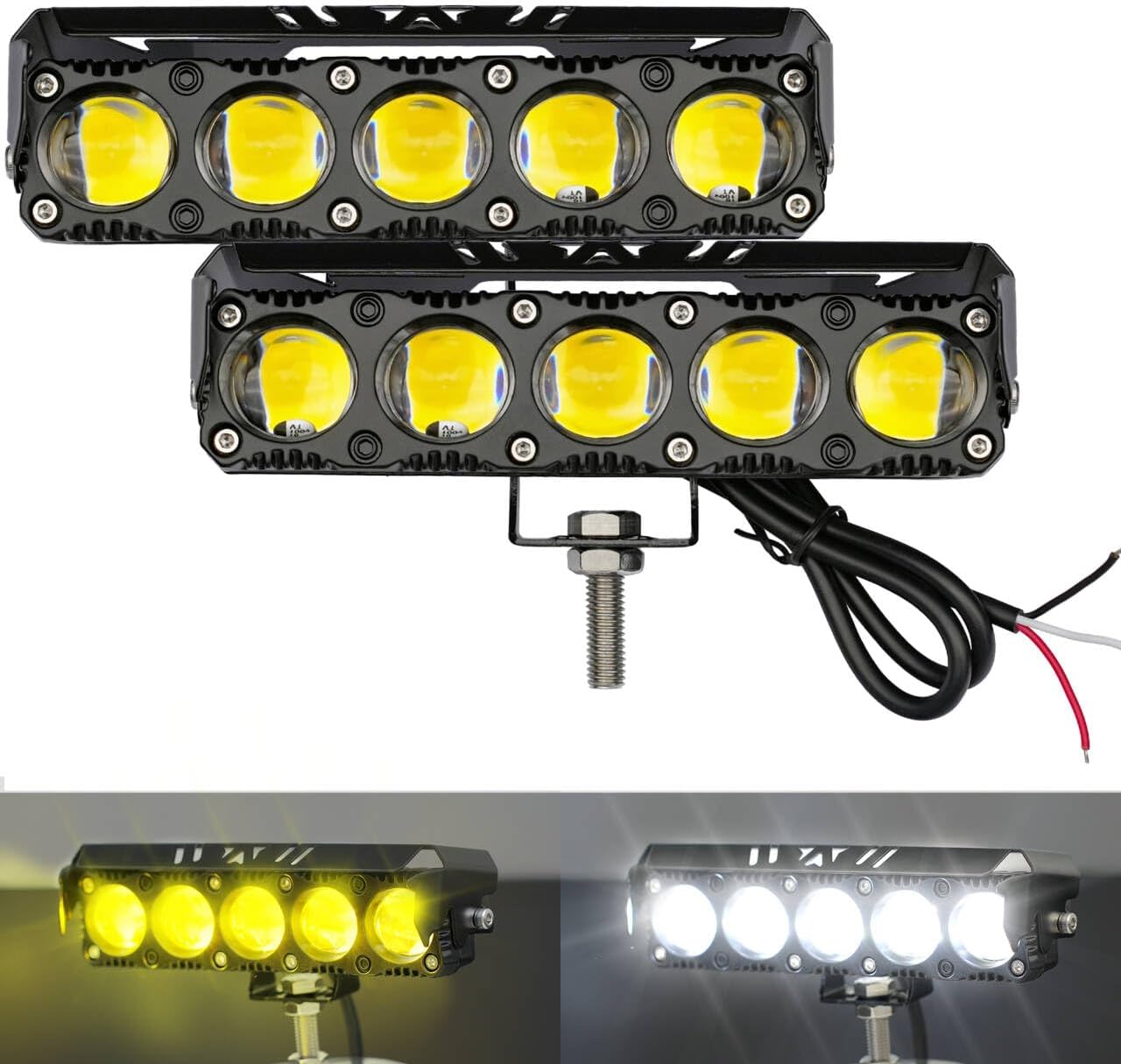 Motorcycle LED Spotlight Yellow/White Hi-Low Combo Beam LED Driving Fog Light Bar, 2Pcs 6.5Inch Offroad Driving Lights Pod Lamp Work Auxiliary Lights for Trucks, Vehicles, ATVs,UTVs, Tractors