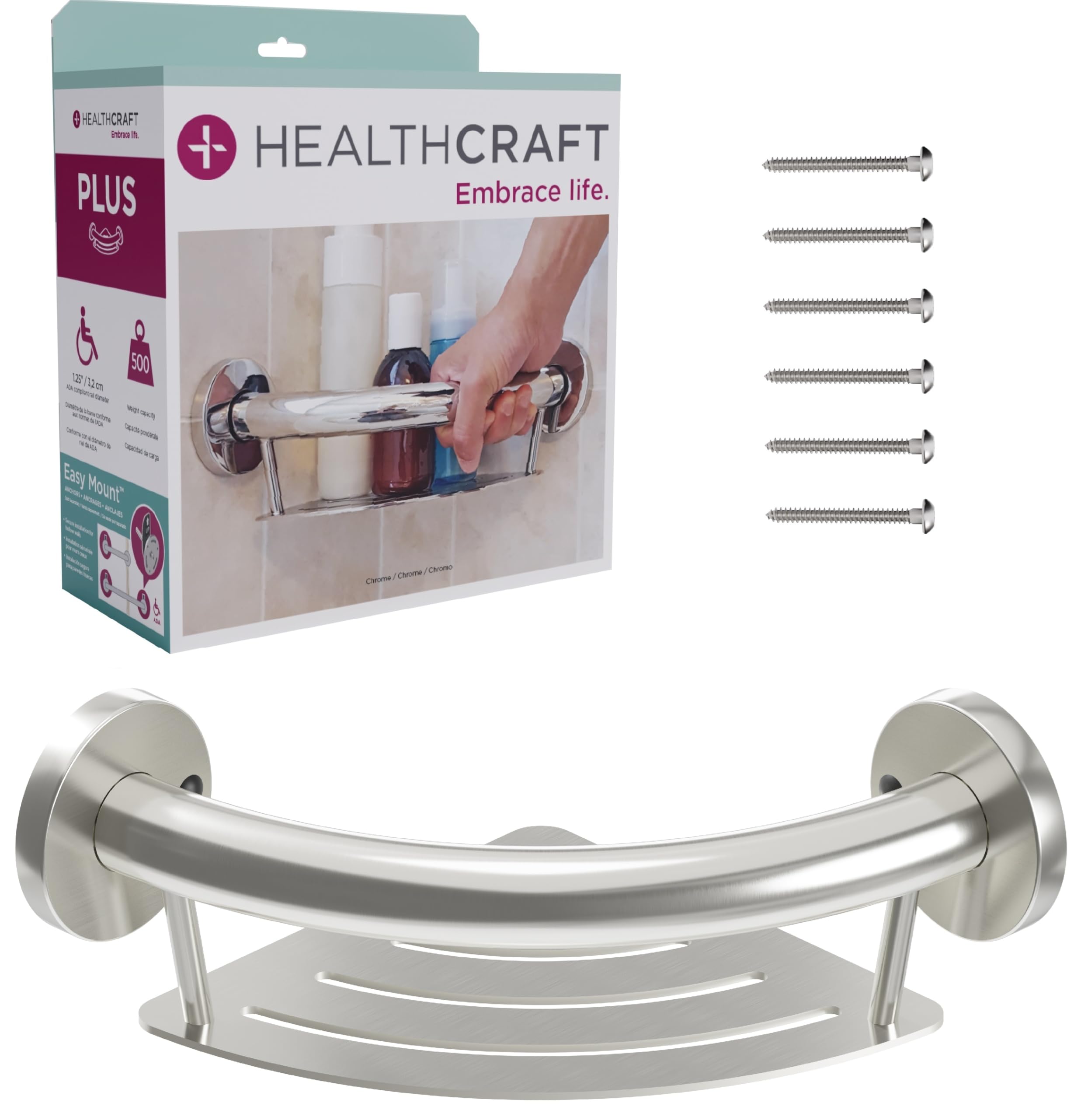 HEALTHCRAFT Plus Półka narożna 2 w 1, 24 cm, uchwyt bezpieczeństwa zgodny z ADA, do wanny i prysznica, montowany na ścianie, dla seniorów, wykończenie ze szczotkowanej stali