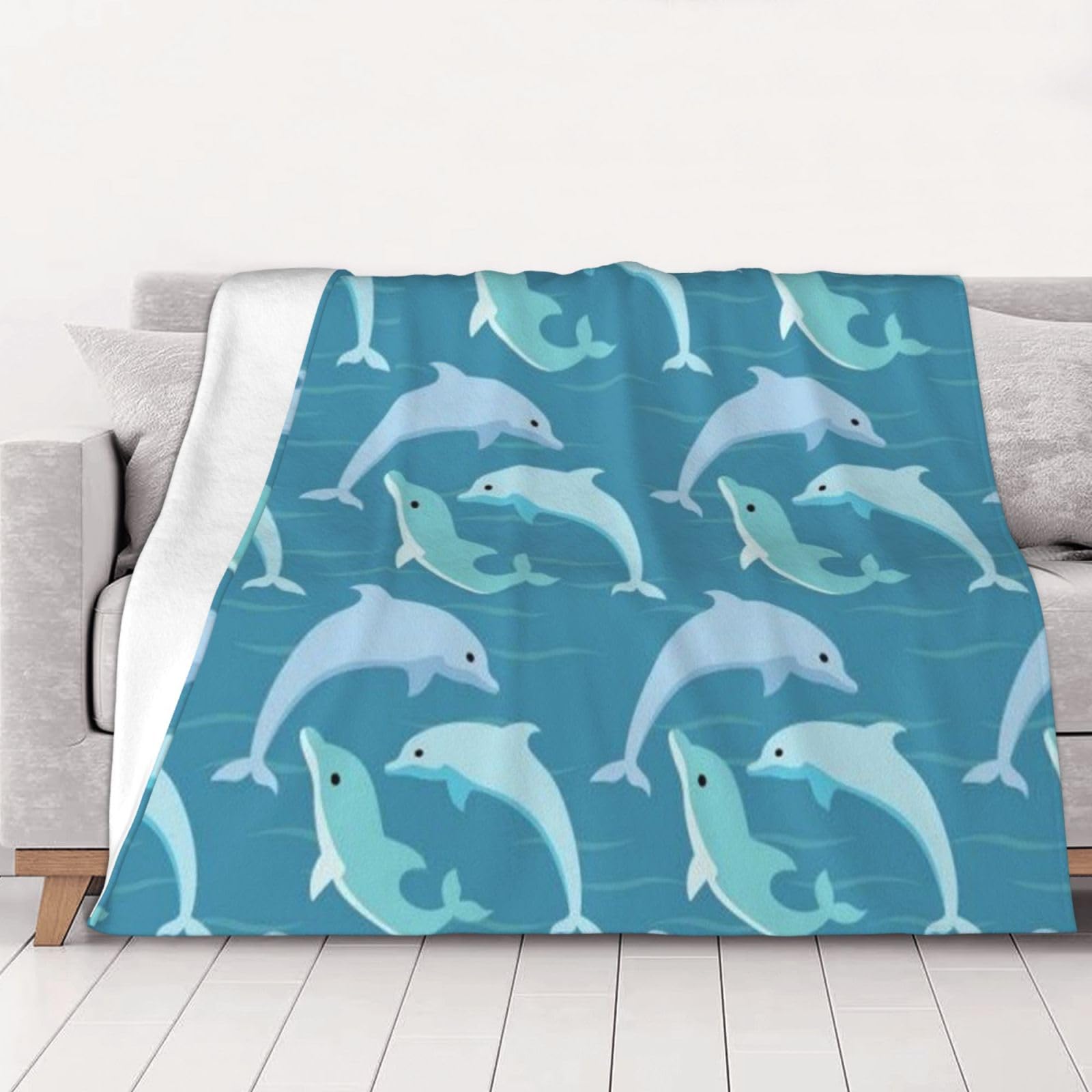 AUBKFELD Dolphin Printed Flannel Blanket 150x125 CM, Soft & Warm Throw Blanket for Sofa/Couch/Bed/Car, Gifts for Audlts Women Men