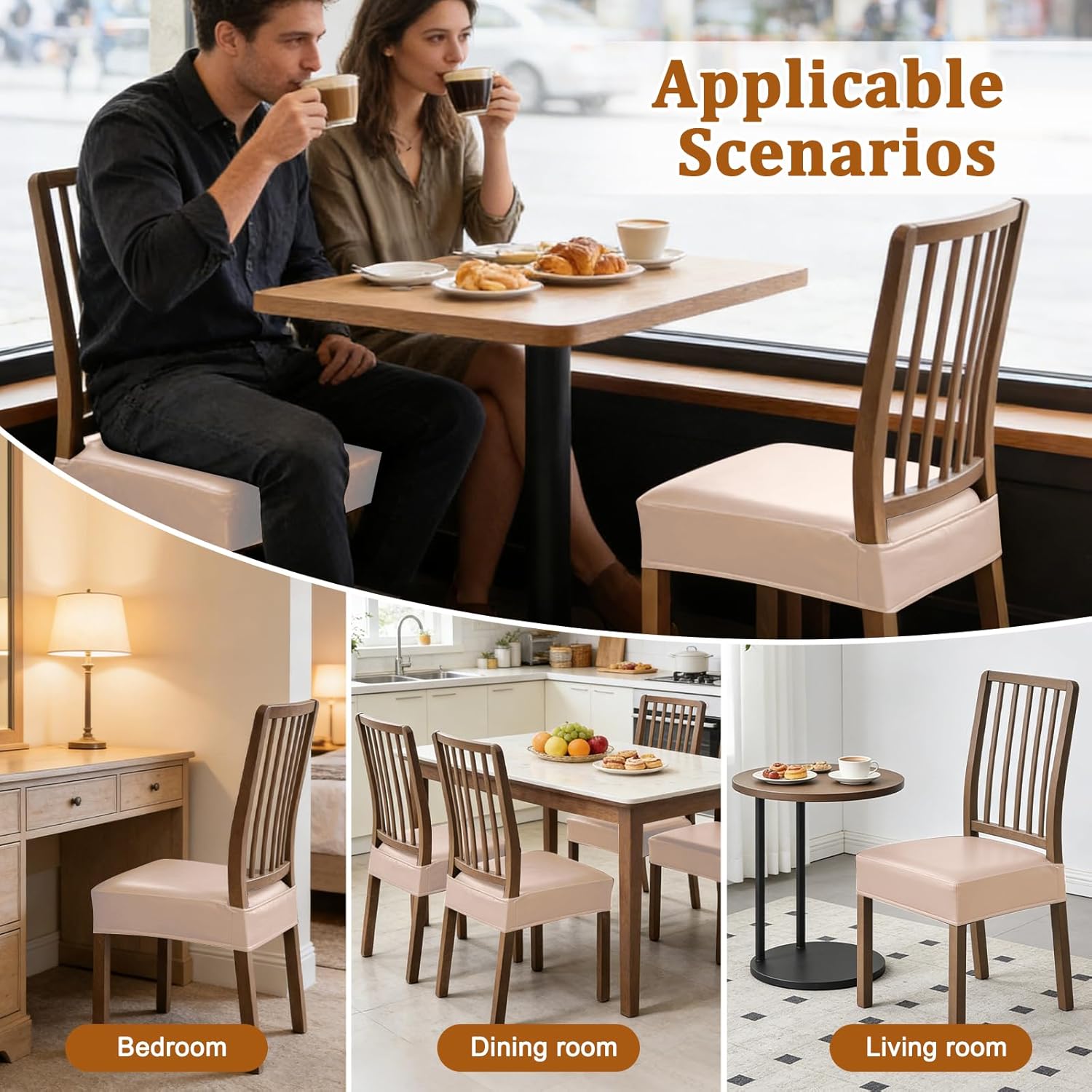 Dioxide Chair Covers Waterproof Pu Leather Seat Covers for Dining Room Chairs Set of 6,Soft Chairs Seat Slipcovers with Anti-Slip Elastic Band Protector Cover Stretch Kitchen Seat Covers(Light Camel)