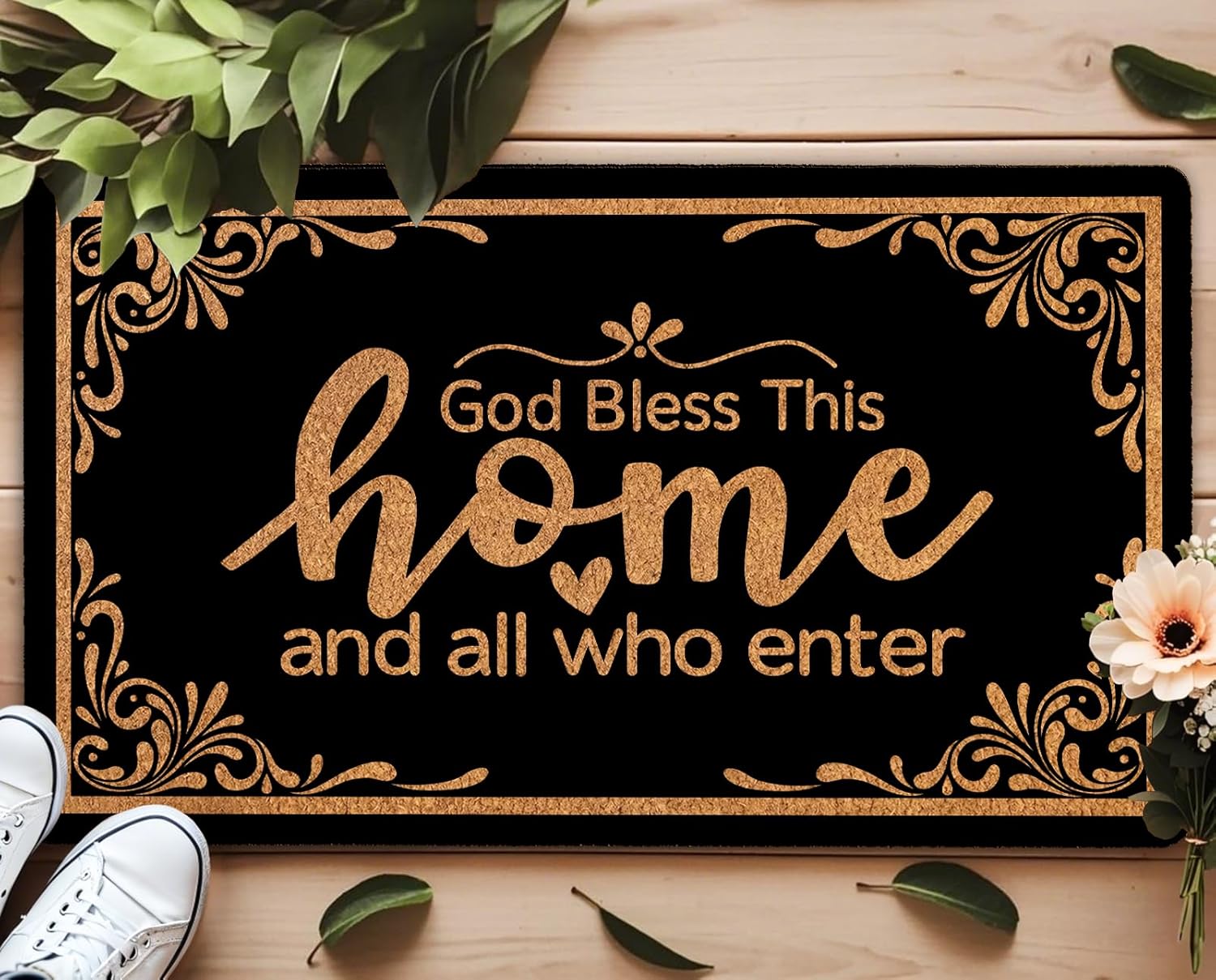 Bless This Home Doormat - Christian Funny Welcome Mat with Non-Slip Waterproof Back, Large 17x30 Inch for Front Door & Office Entrance, Black Faith-Based Indoor Outdoor Rug