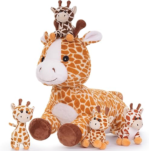 Miniatura 1 de Muiteiur Juego de animales de peluche de jirafa grande 5 en 1, 21.6 pulgadas, juguete de peluche grande de jirafa con 4 lindos bebés pequeños de