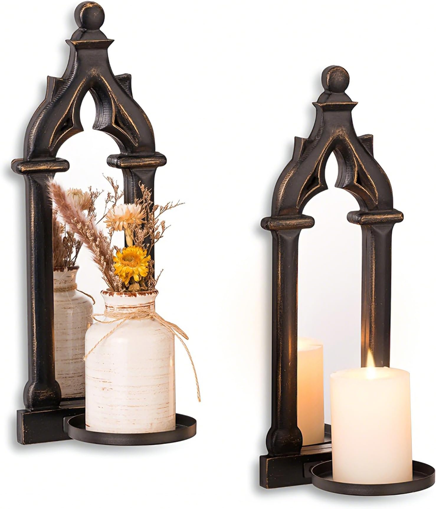 Candle Sconces Farmhouse Wall Decor - Black Gothic Dark Mirror Wall Candle Holder for Halloween Art Decorations - Wood Rustic Candles Sconce Set of 2 for Livingroom Fireplace