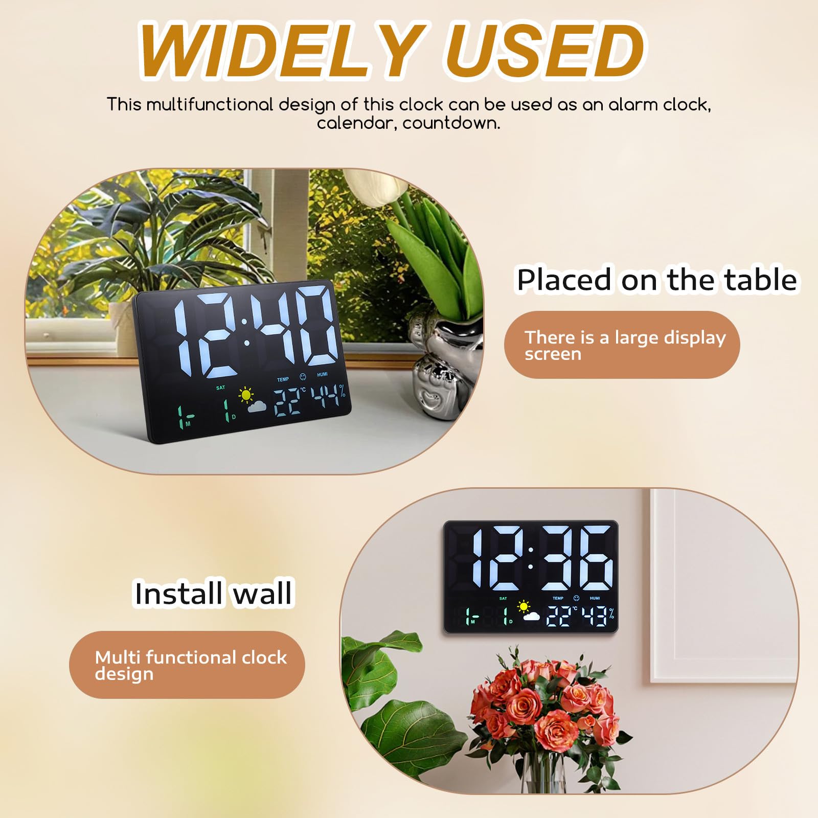 Orologio da Parete Digitale Grande Display Led, Funzione Meteo e Rilevamento Temperatura, Design Moderno in Plastica Nero per Ufficio e Soggiorno