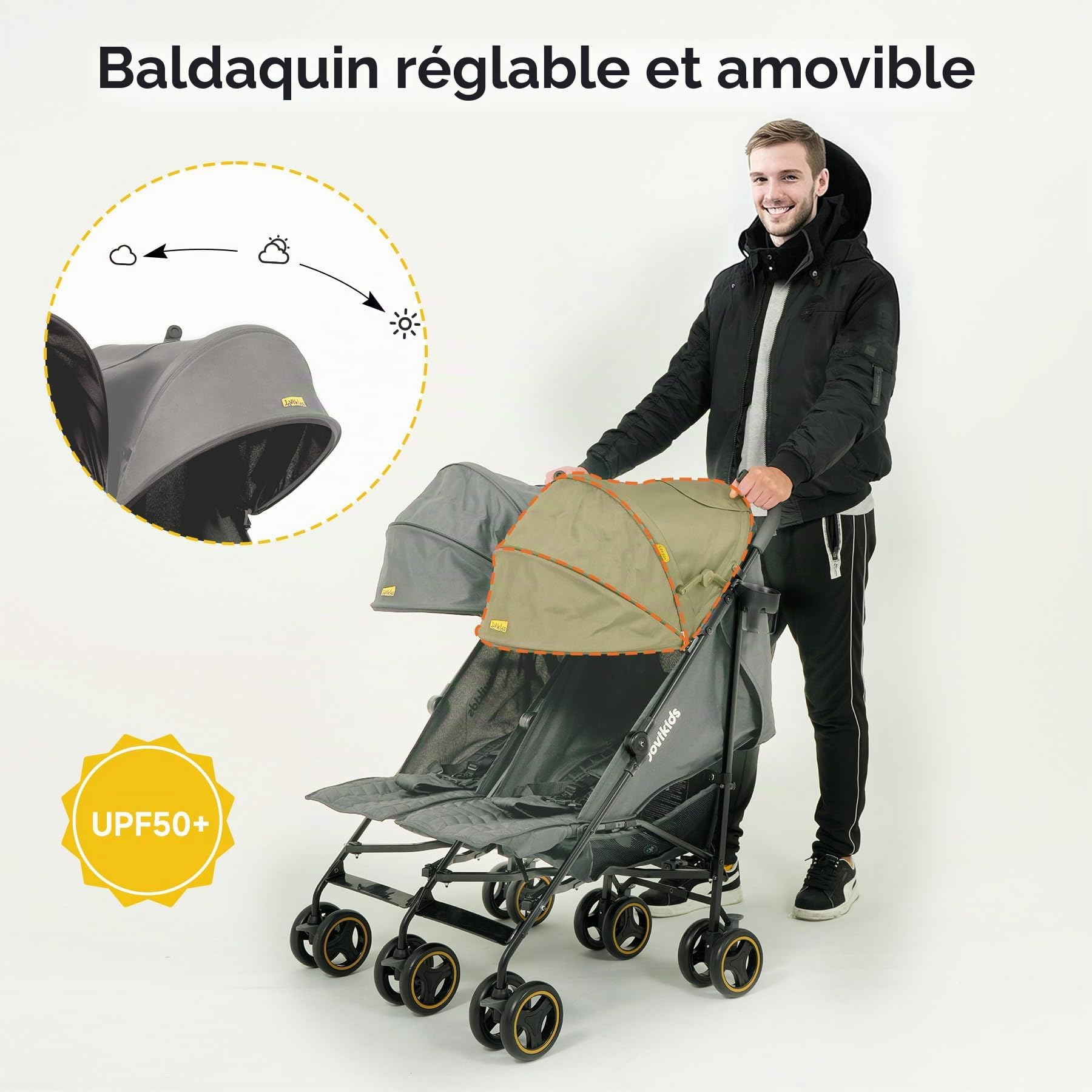 Jovikids Poussette double avec fonction allongée, pliable, avec pare-soleil, capote de pluie et porte-gobelet