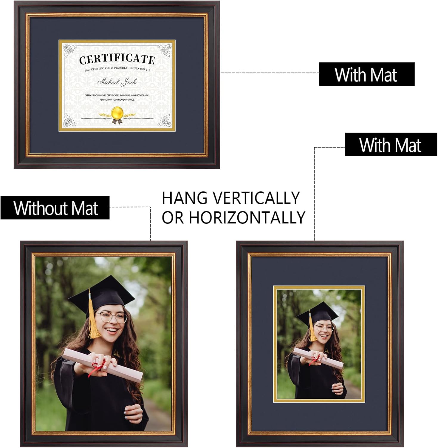Frametory, 7x9 Diploma Frame with (Navy Blue/Gold) Double Mat or 11x14 Without Mat, Black Gold & Burgundy, Sawtooth Hangers, Wall Display for Pictures/Certificates/Documents, Real Glass