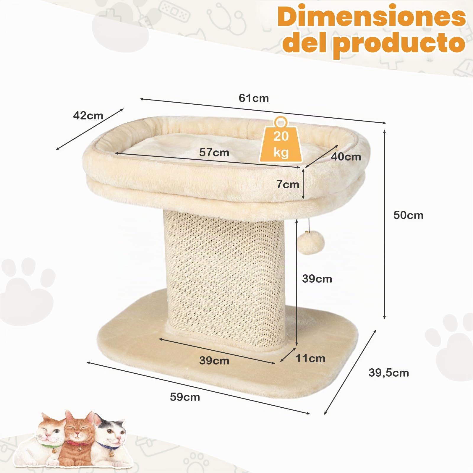 GOPLUS Árbol Rascador Pequeño para Gatos de Altura 50 CM con Poste Rascador de Sisal, Torre de Actividades de Carga 20 KG con Soporte de Peluche y Juguete de Bola Colgante, 59×40×50 CM, Beige