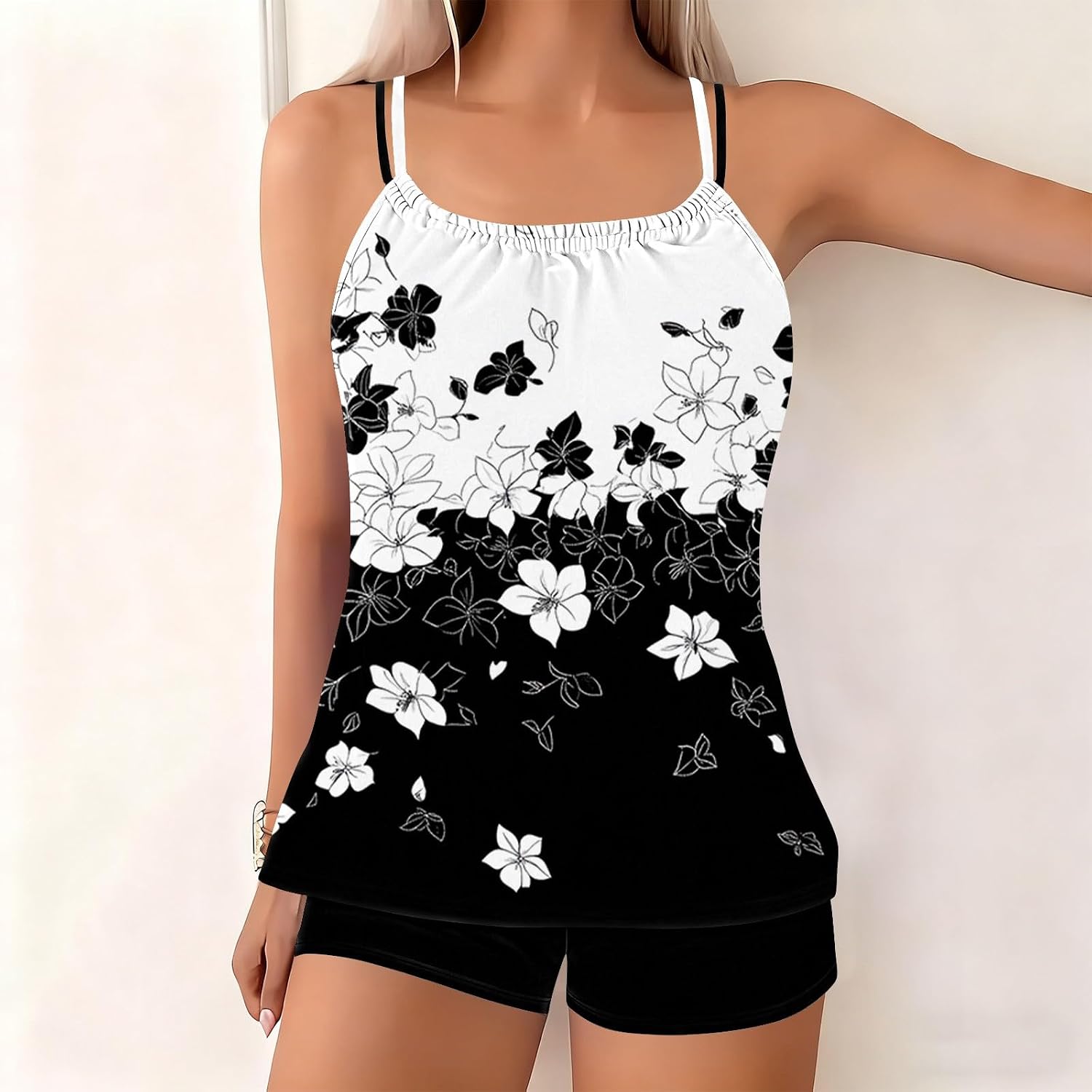 Womens 2 Piece Tankini Sets Swimsuits Floral Print Swim Tops with Boyshorts Beach Vacation Modest Bathing Suits