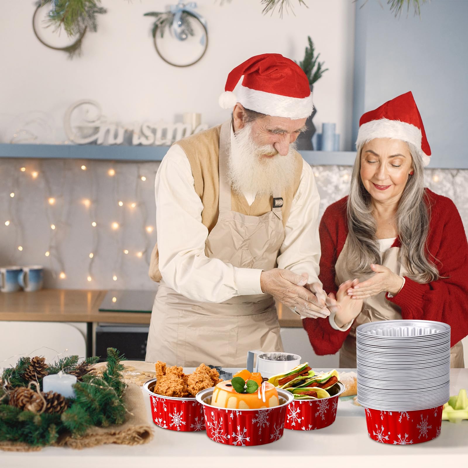 Ziliny 50 Stück 0,5 kg Weihnachts-Kastenformen mit Deckel, Weihnachtsschneeflocke, Aluminium, Brotbackformen, extra groß, 580 ml, Einweg-Kuchenformen, Backformen, Cupcake-Blechbehälter zum Backen von