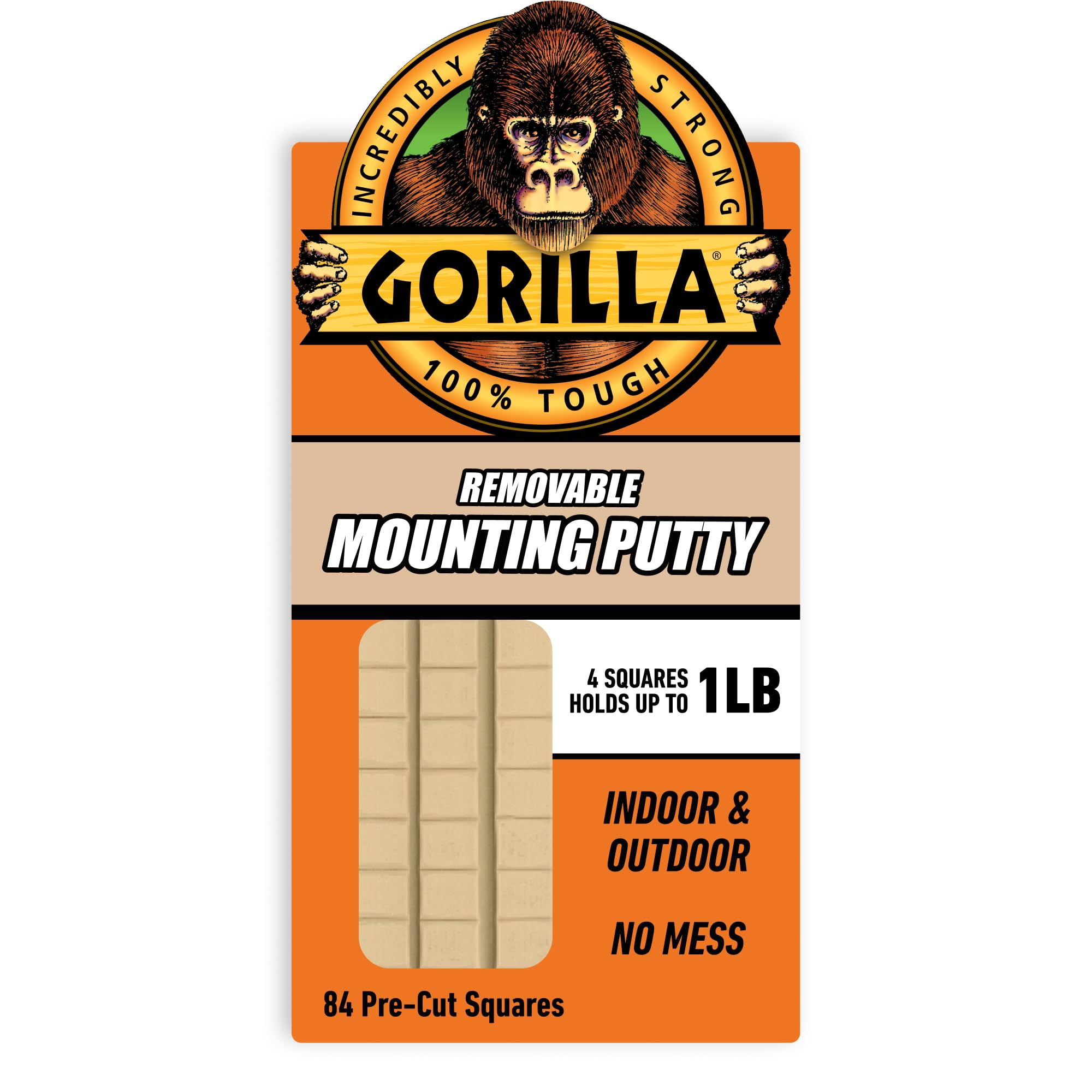 Gorilla Mounting Putty, Non-Toxic Hanging Adhesive, Removeable & Repositionable, 84 Pre-Cut Squares, 2oz/56g, Natural Tan Color, (Pack of 1)