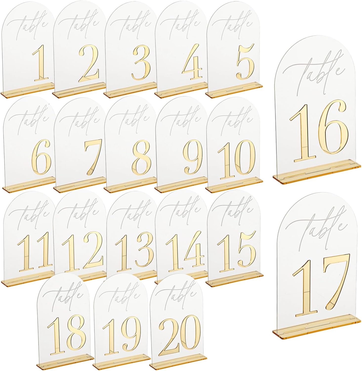 20 Pcs Wedding Table Numbers, Acrylic Arch Table Number Signs, 1-20 with Base, 7.1 x 4.7 in Large Size, Elegant Decoration for Wedding Receptions, Parties, and Banquets
