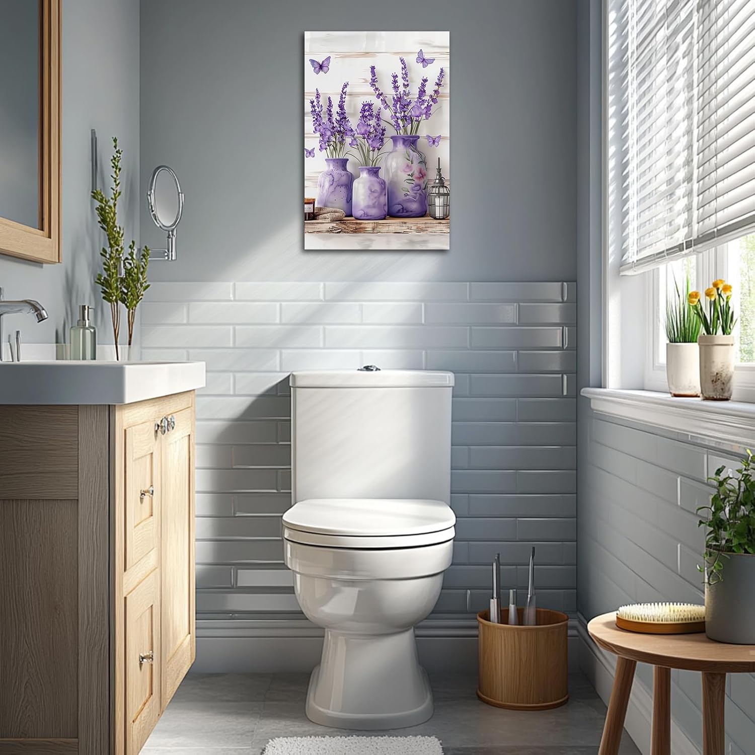 Lavender Wall Art Framed Farmhouse Purple Flowers Paintings Floral with Butterfly Picture Prints for Bedroom Decor（Floral-3,12x18inch (30x45cm)