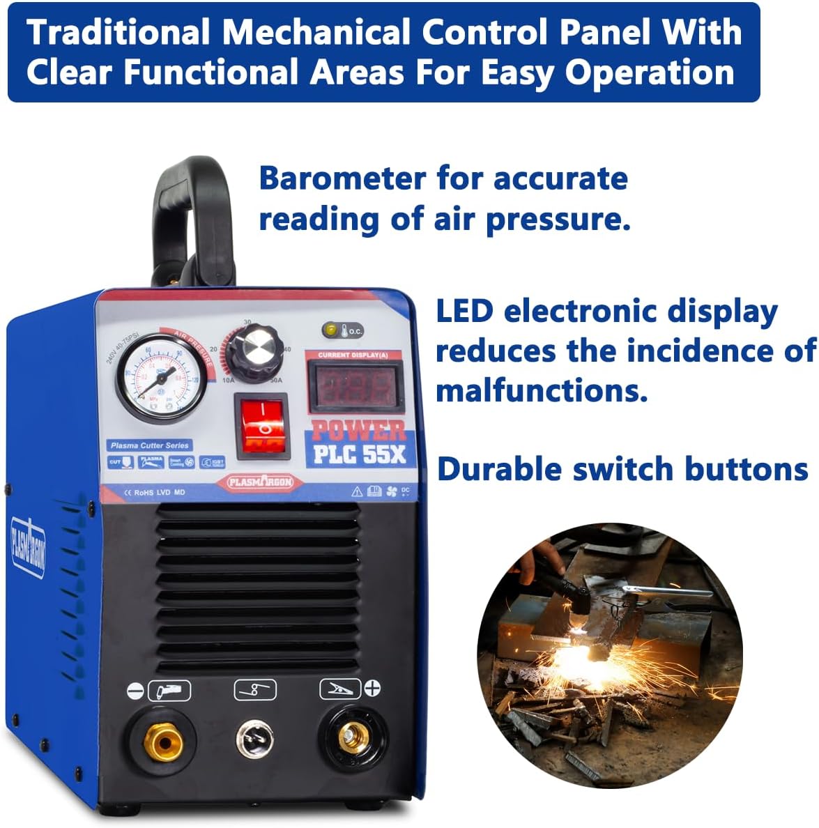 Plasma Cutter PLC55, 55Amp Cutting Equipment Dual Voltage 110V 220V, DC Inverter Portable Machine 1/2 Inch Clean Cut Intelligent Digital Display Cost-effective basic cutting